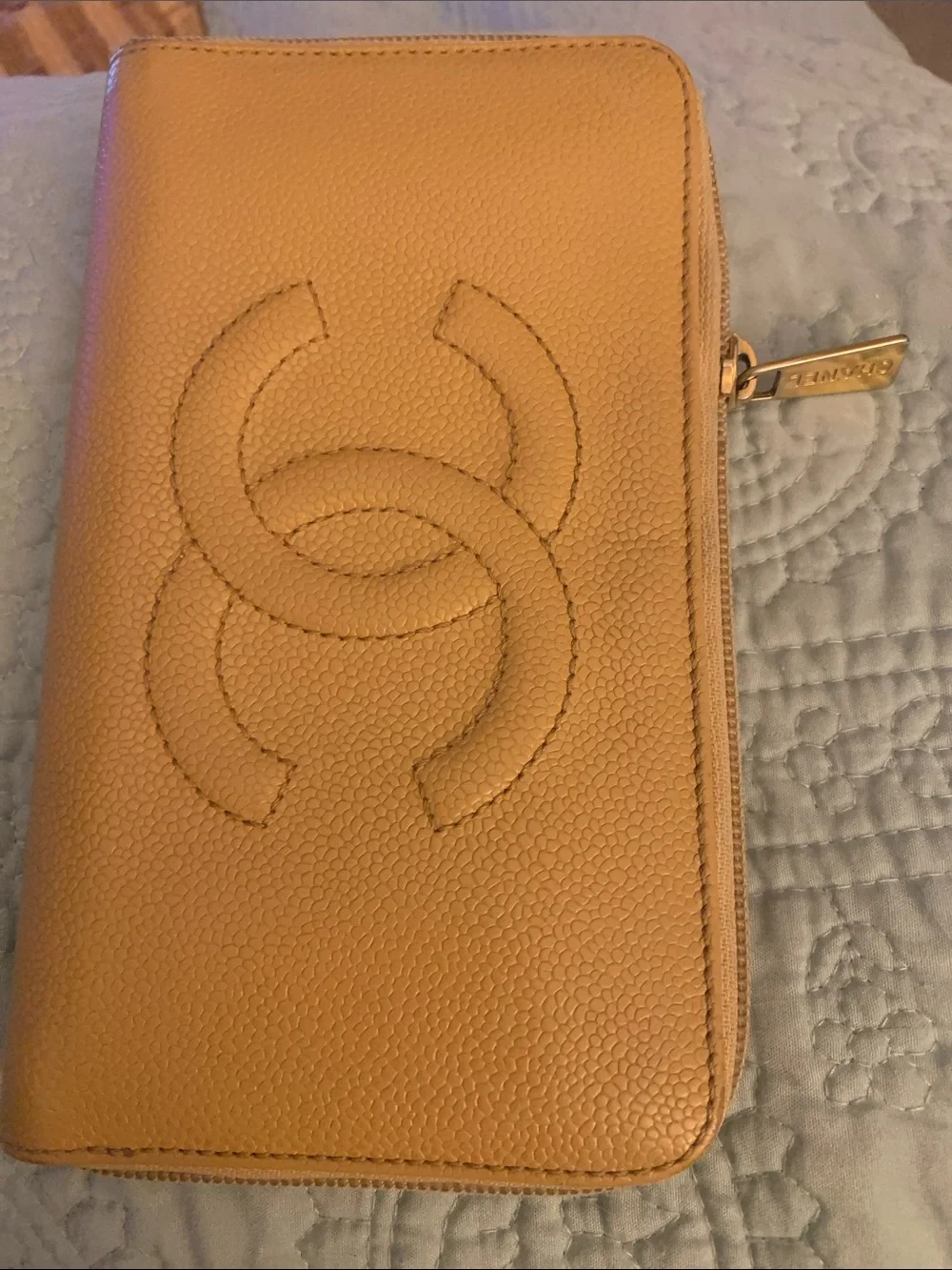 CHANEL Quilted CC Zip Wallet in Camel Tan
